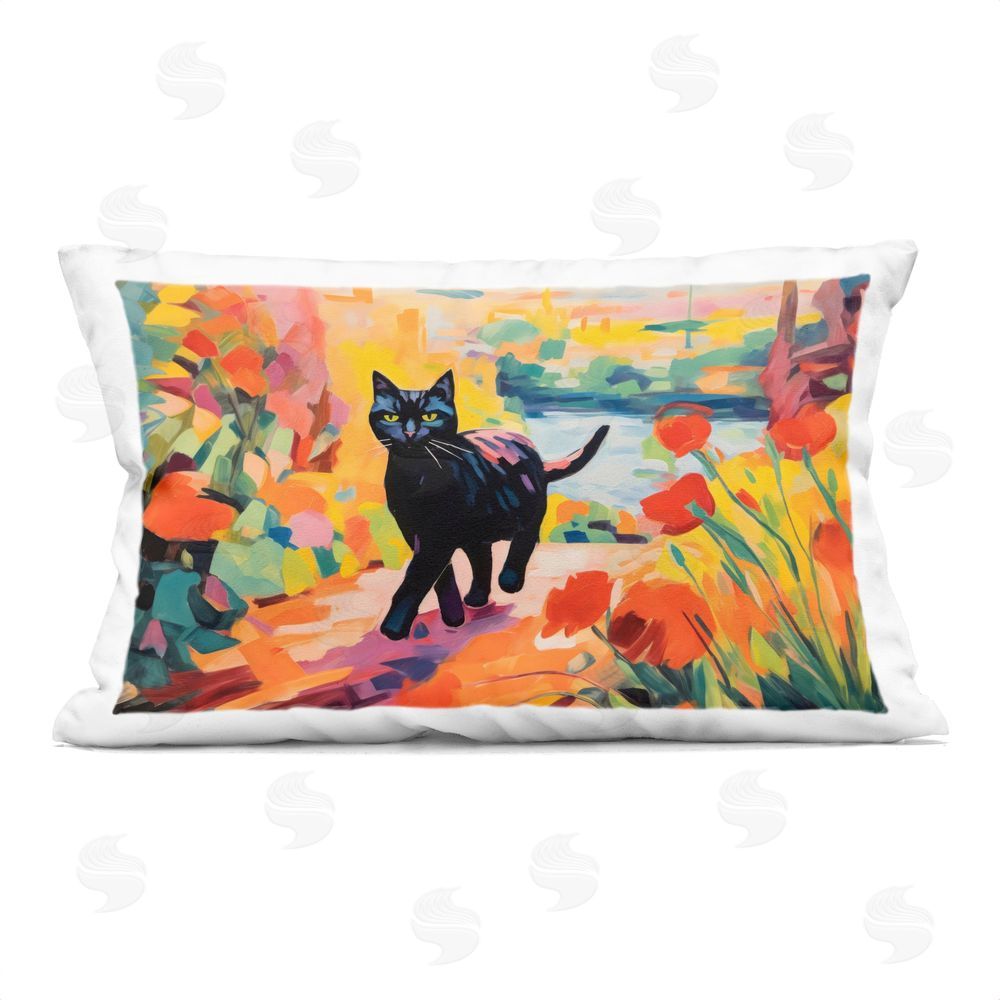 Creative Studio Sunlit Black Cat in Garden Printed Lumbar Throw Pillow