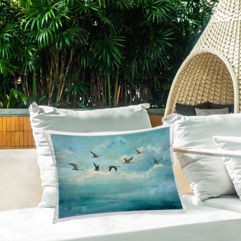 Petal Prints Design Blue Skies Geese Outdoor Printed Lumbar Throw Pillow on Seat