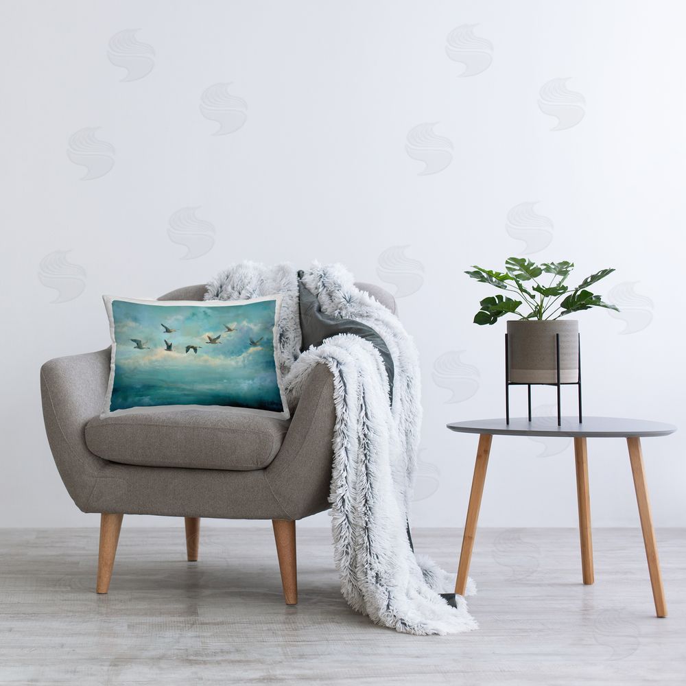 Petal Prints Design Blue Skies Geese Printed Lumbar Throw Pillow on Seat