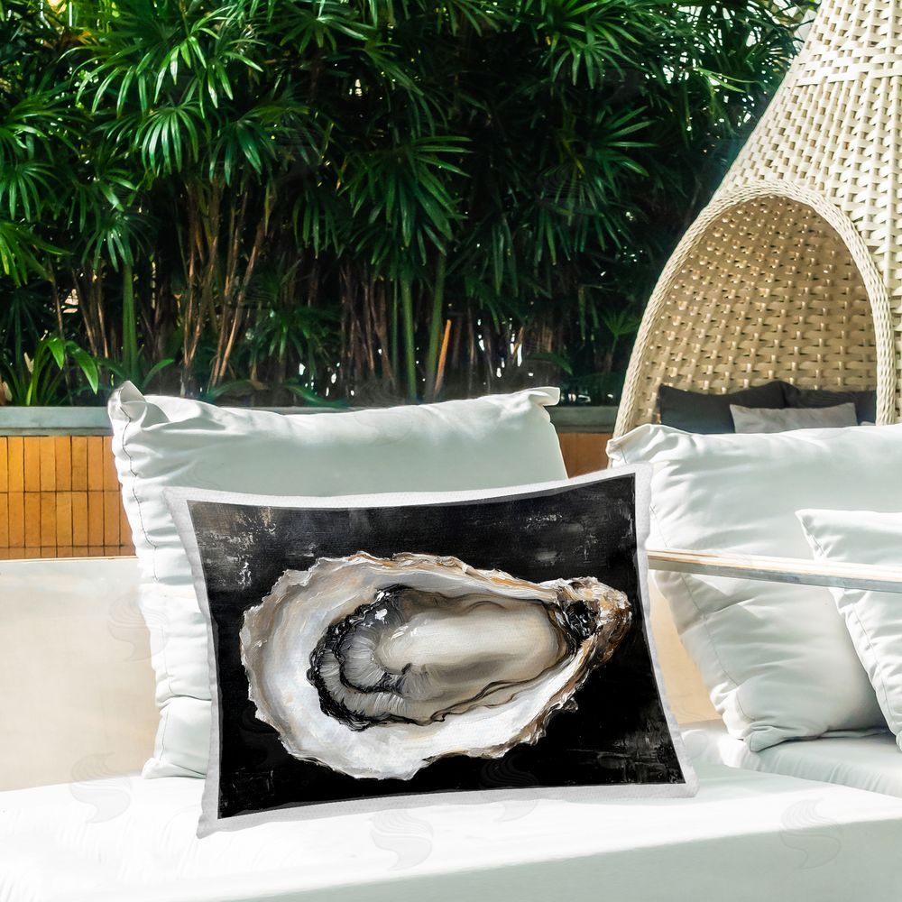 LSR Design Studio Black Oyster Pearlescent Shell Outdoor Printed Lumbar Throw Pillow on Seat