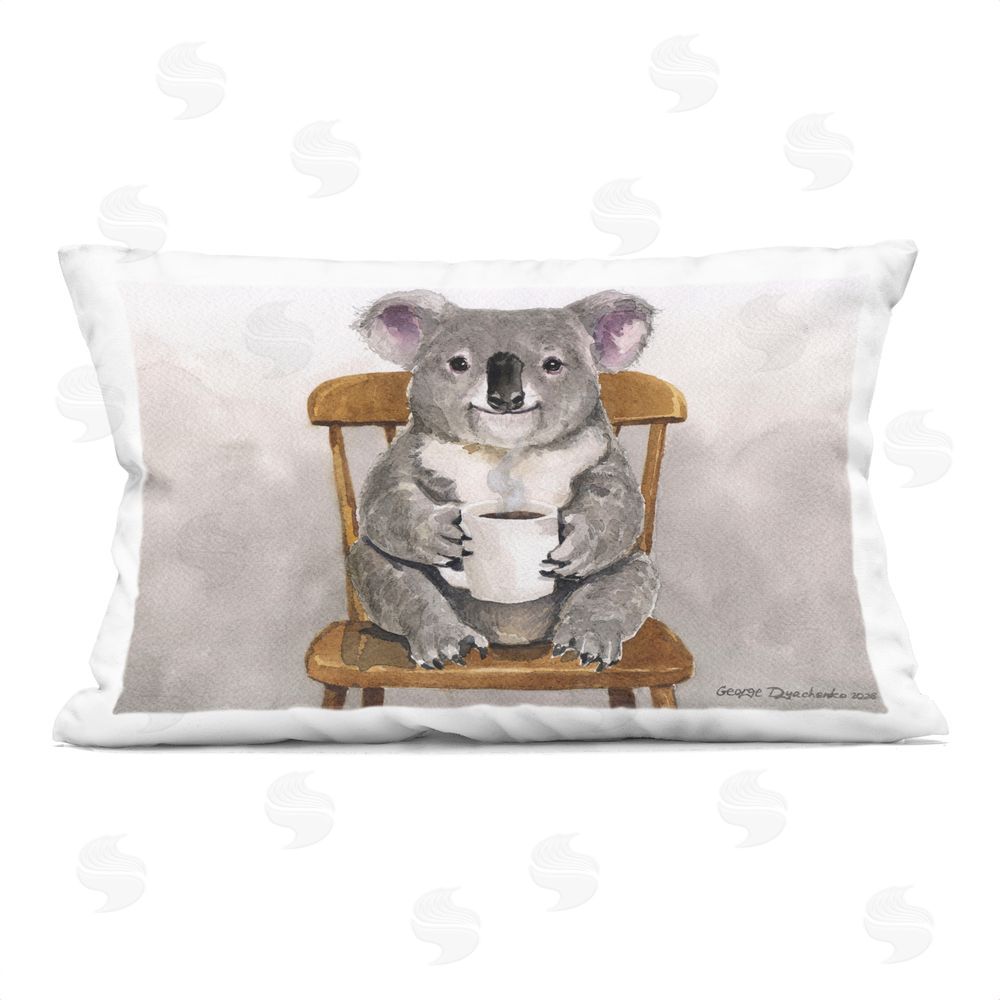 George Dyachenko Koala with Coffee Mug Printed Lumbar Throw Pillow