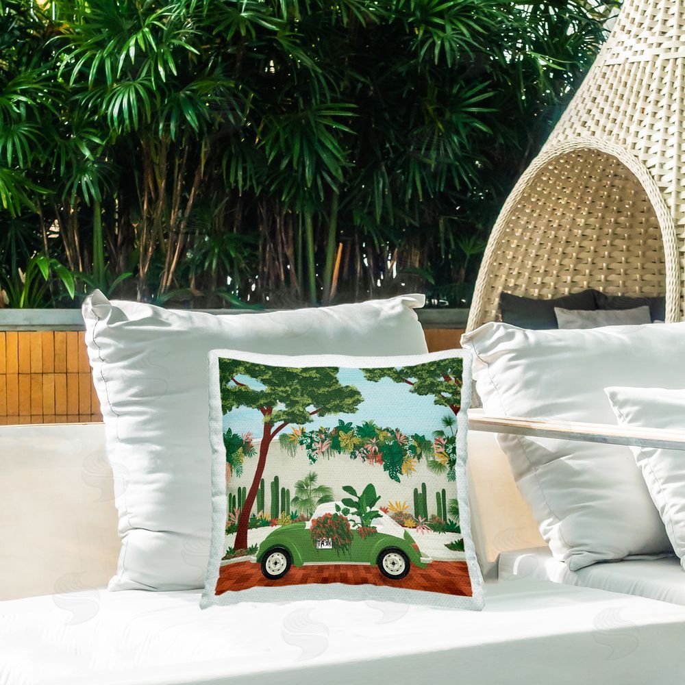Vero Illustrates Overgrown Garden Taxi Outdoor Square Printed Throw Pillow on Seat