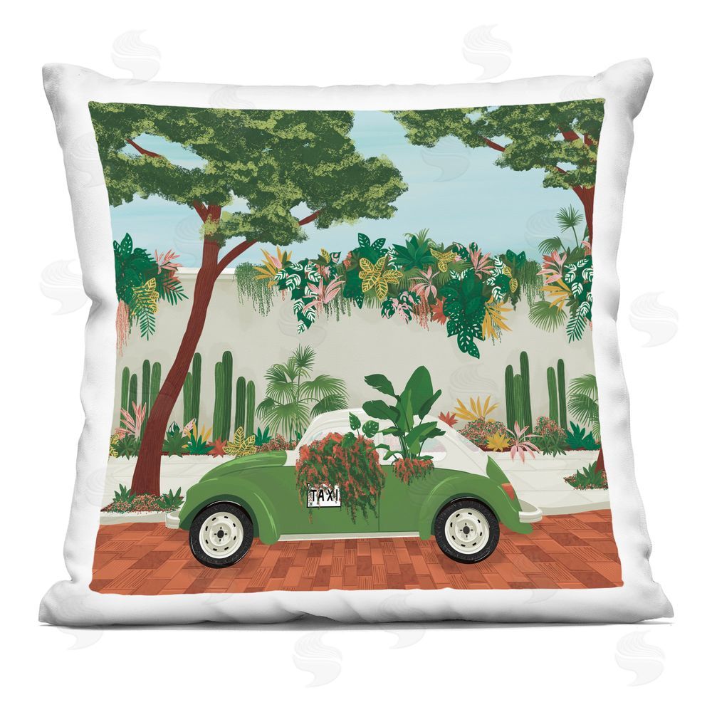Vero Illustrates Overgrown Garden Taxi Square Printed Throw Pillow