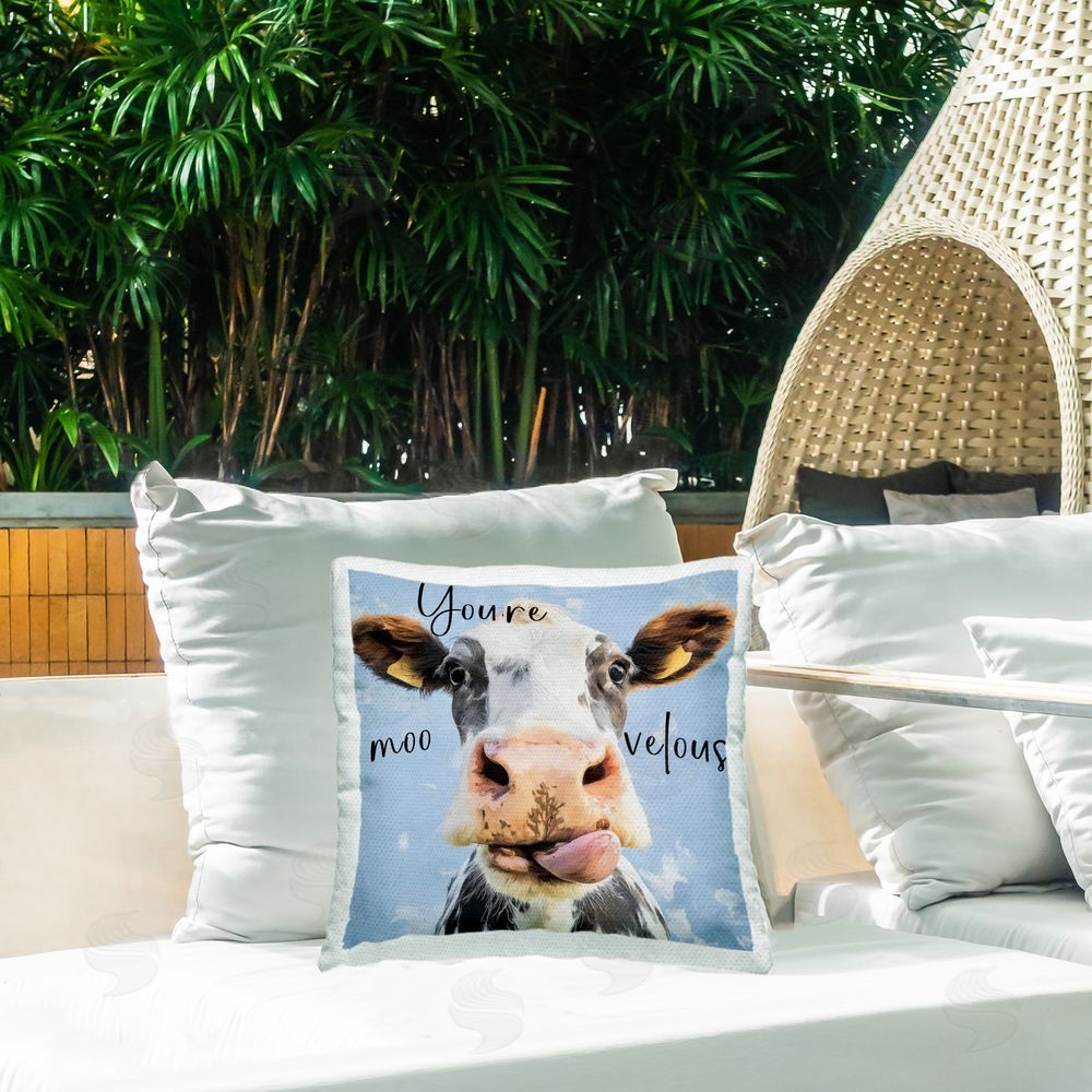 Kim Curinga You're Moo-velous Cow Outdoor Square Printed Throw Pillow on Seat