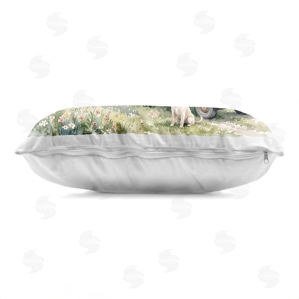 Tabz Jones Spring Orchard and Truck Printed Lumbar Throw Pillow Side View with Zipper Detail