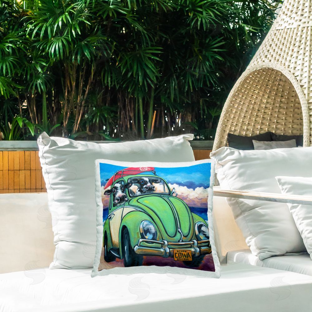 CR Townsend Cowabunga Surfer Cows Outdoor Square Printed Throw Pillow on Seat