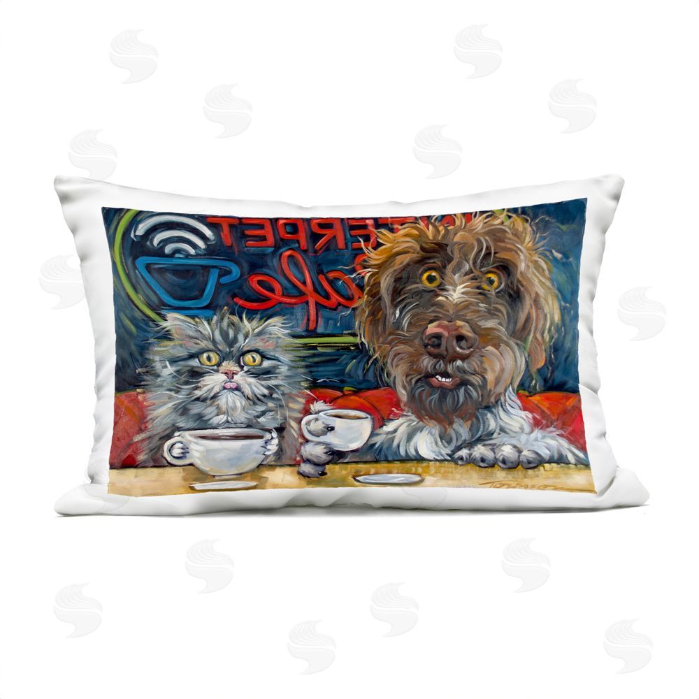 CR Townsend Pets Wired At The Cafe Outdoor Printed Lumbar Throw Pillow