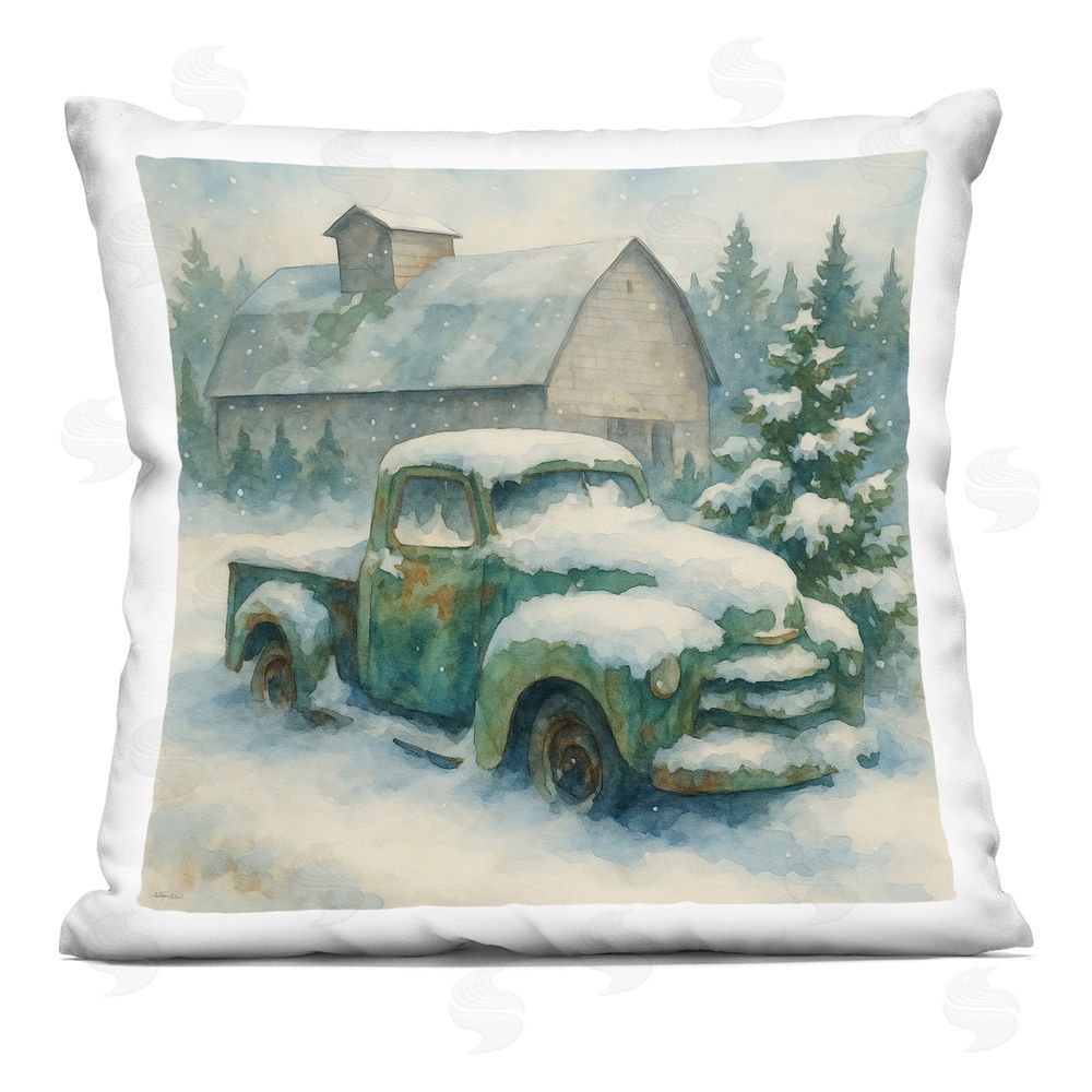 Antony Smith Snow Frosted Vintage Truck Square Printed Throw Pillow