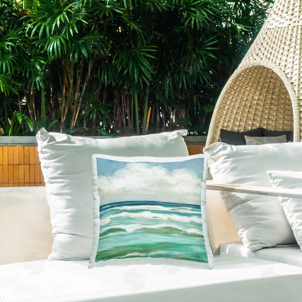 Pam Britton Aqua & Navy Sea Waves Outdoor Quick-Dry Polyester Printed Square Pillow on Patio