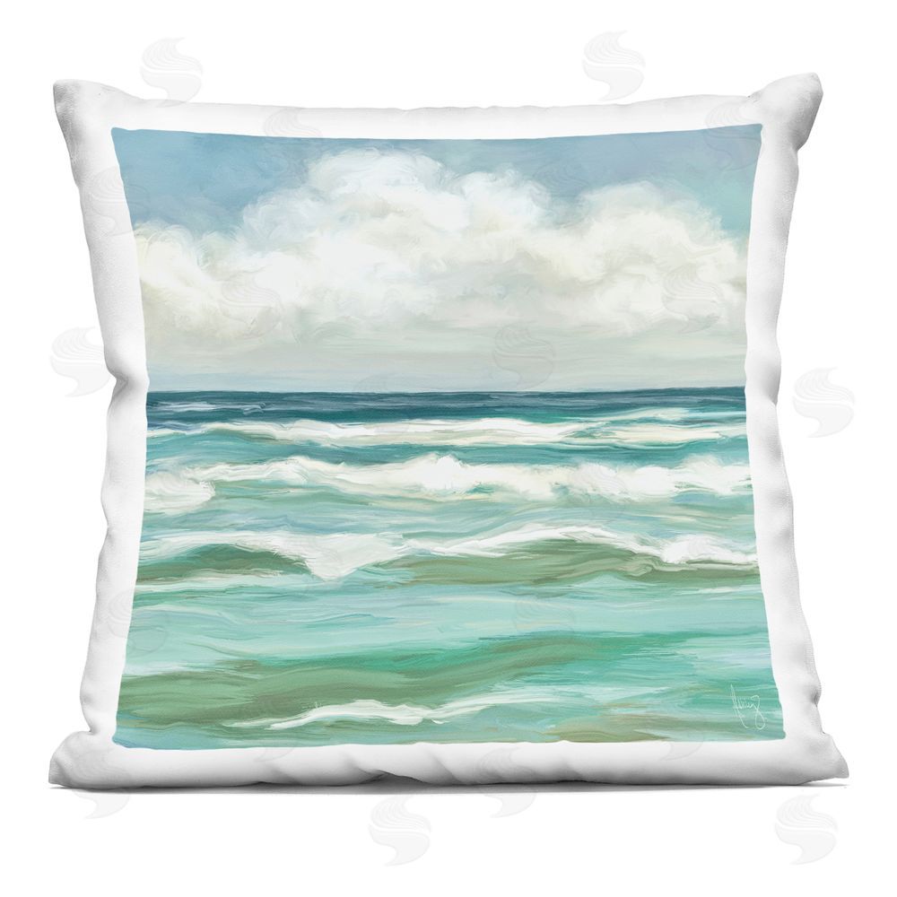 Pam Britton Aqua & Navy Sea Waves Indoor Plush Polyester Square Throw Pillow