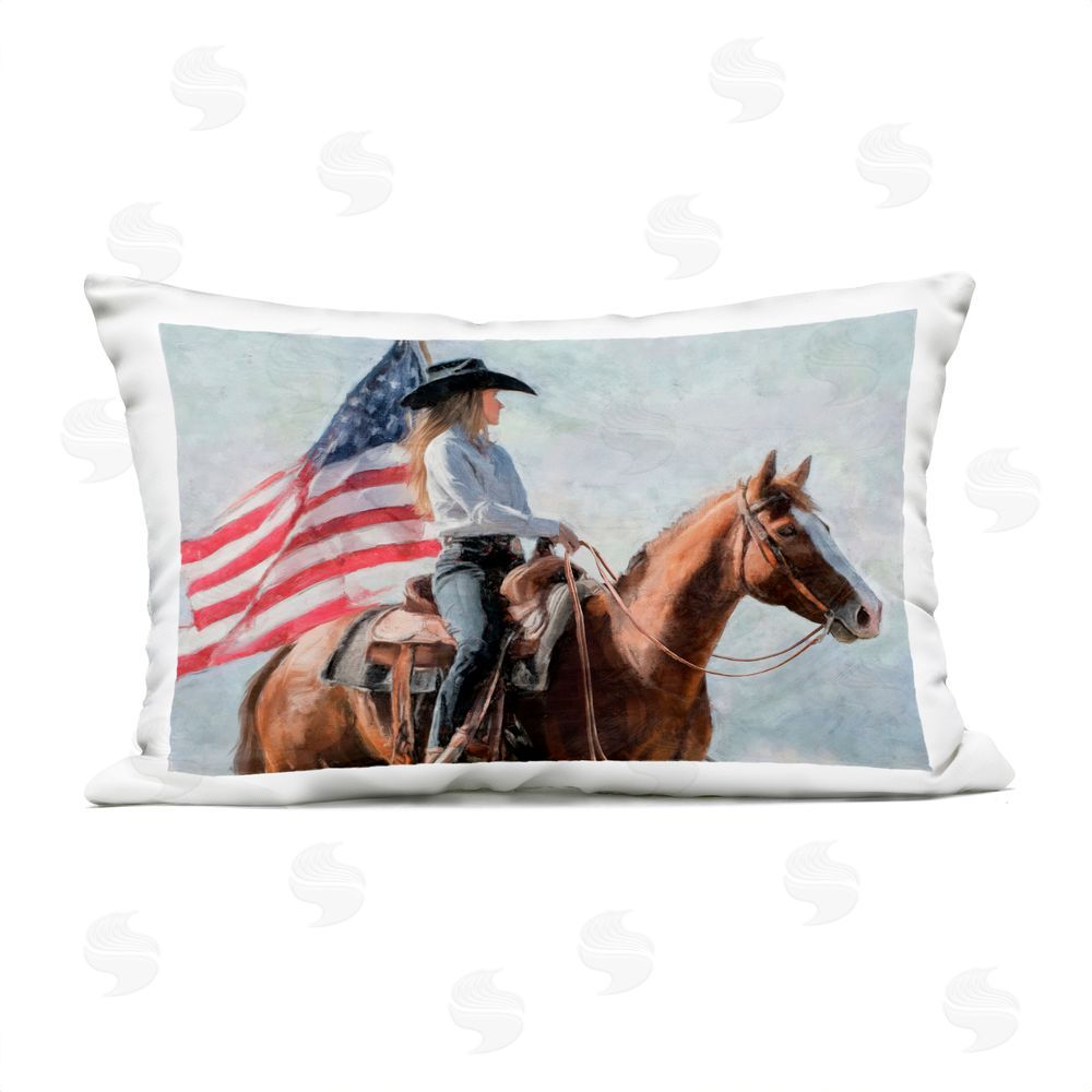 Nina Blue Cowgirl Riding with American Flag Outdoor Quick-Dry Polyester Lumbar Pillow