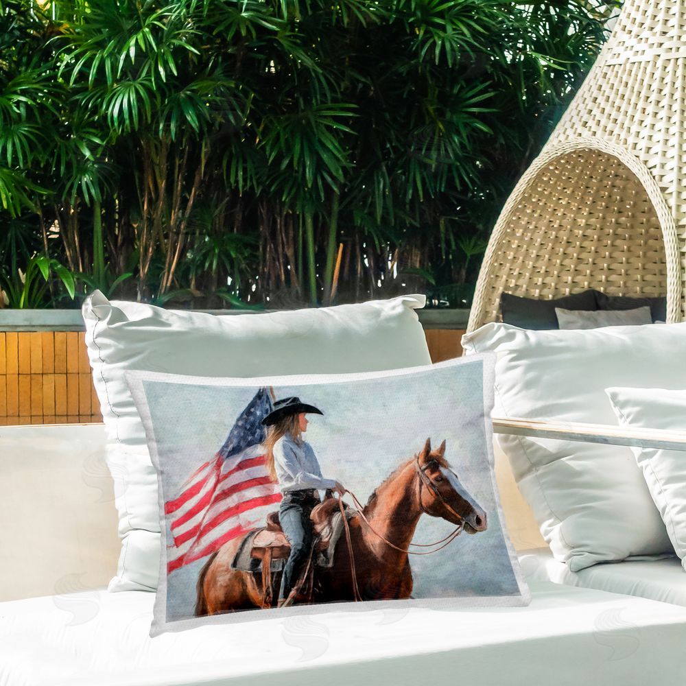 Nina Blue Cowgirl Riding with American Flag Outdoor Quick-Dry Polyester Printed Lumbar Pillow on Patio