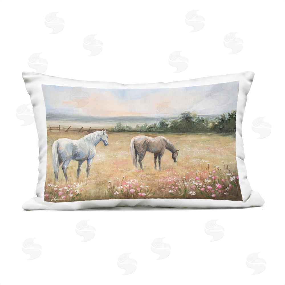 Lindsay Kivi Fine Art Two Horses in Sunlit Pasture Outdoor Quick-Dry Polyester Lumbar Pillow