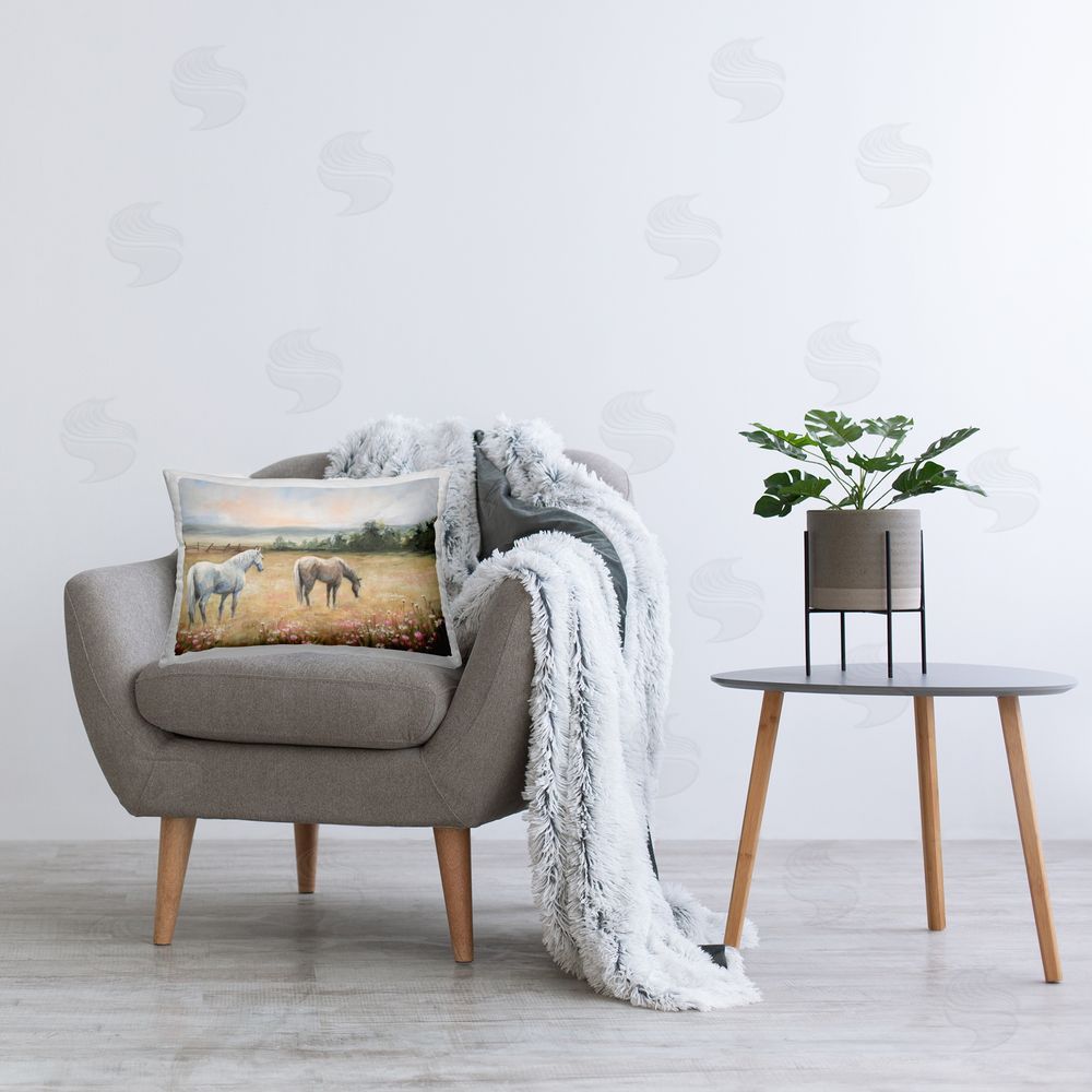 Lindsay Kivi Fine Art Two Horses in Sunlit Pasture Plush Polyester Printed Lumbar Pillow on Chair