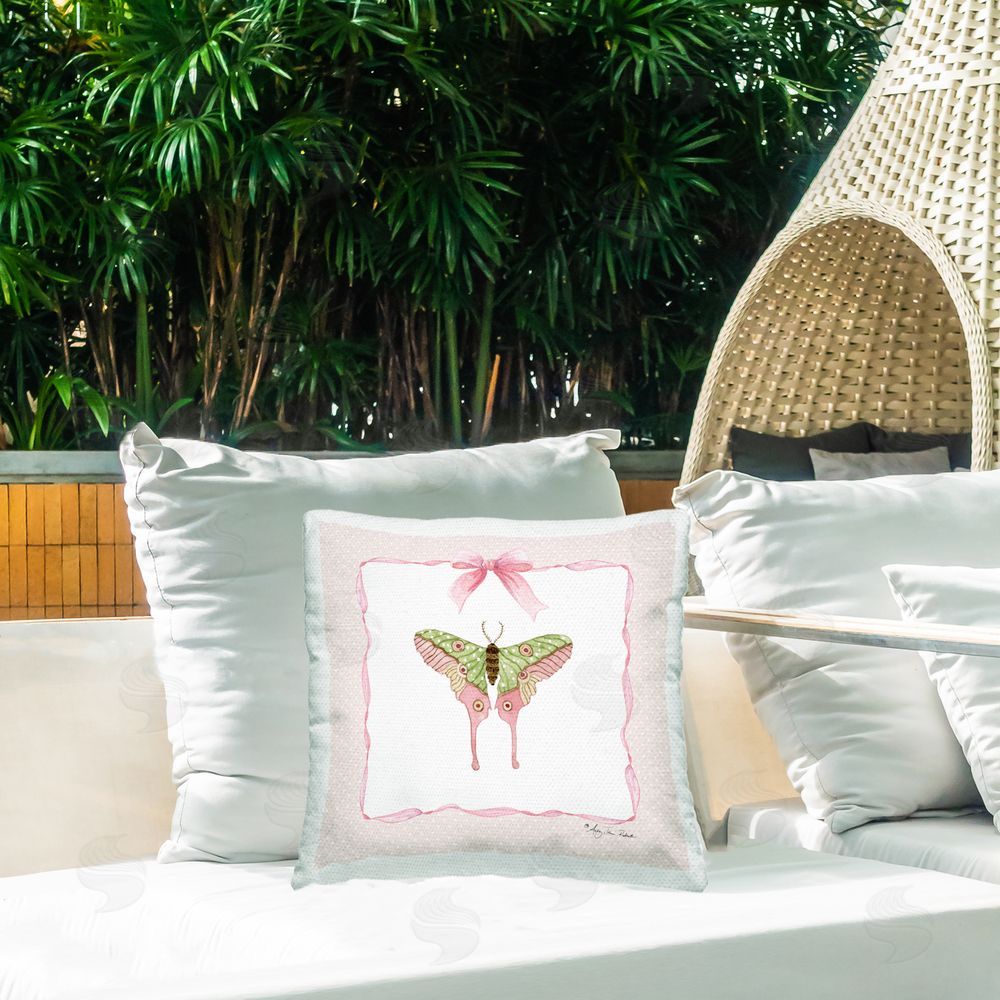 Audrey Jeanne Roberts Luna Moth & Pink Polka Dots Outdoor Quick-Dry Polyester Printed Square Pillow on Patio