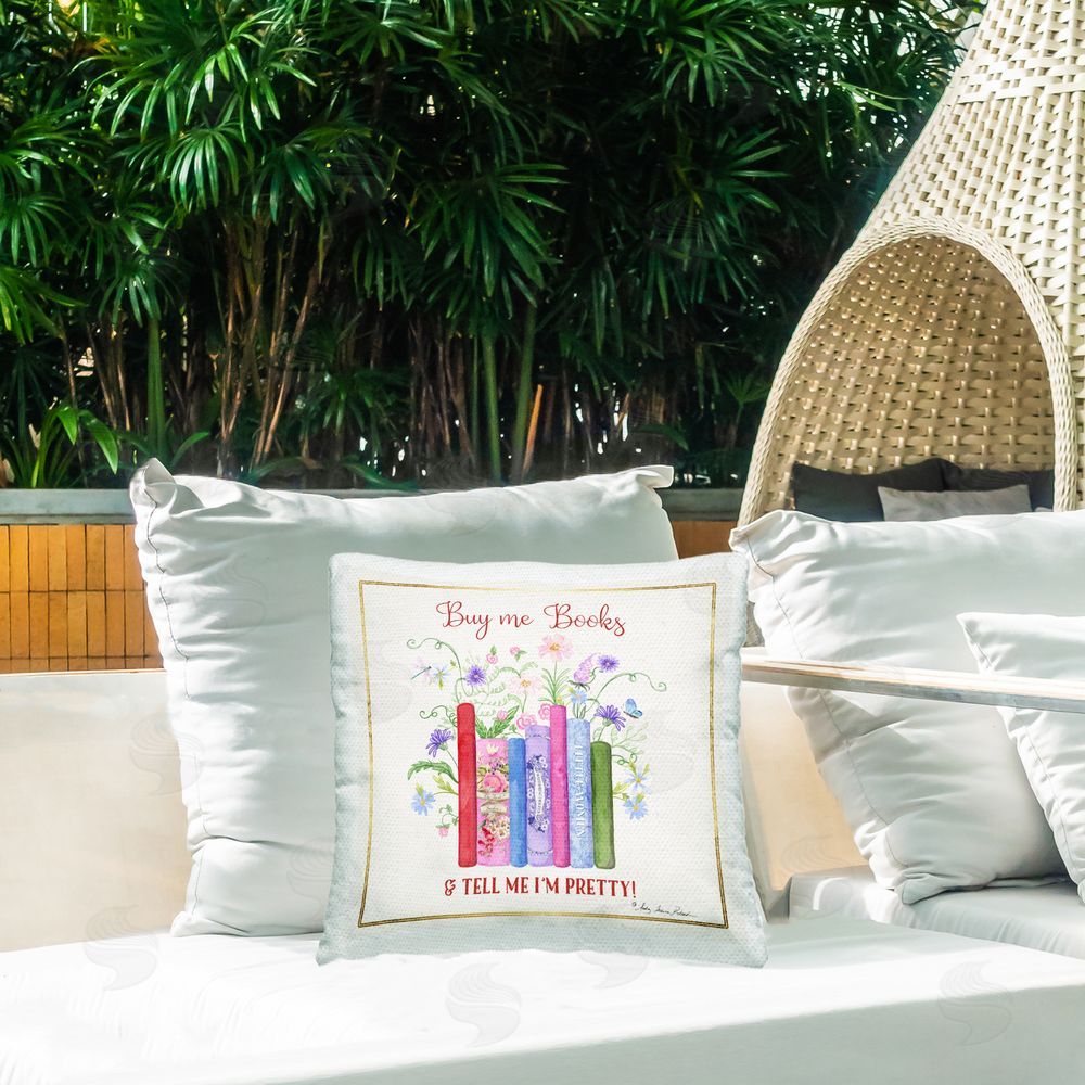 Audrey Jeanne Roberts Buy Me Books Charming Phrase Outdoor Quick-Dry Polyester Printed Square Pillow on Patio