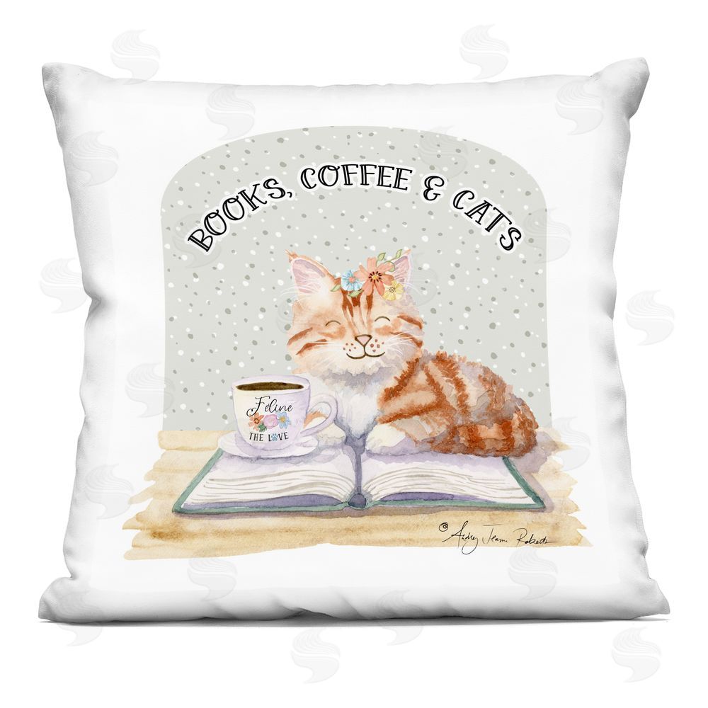 Audrey Jeanne Roberts Books Coffee & Cats Indoor Plush Polyester Square Throw Pillow