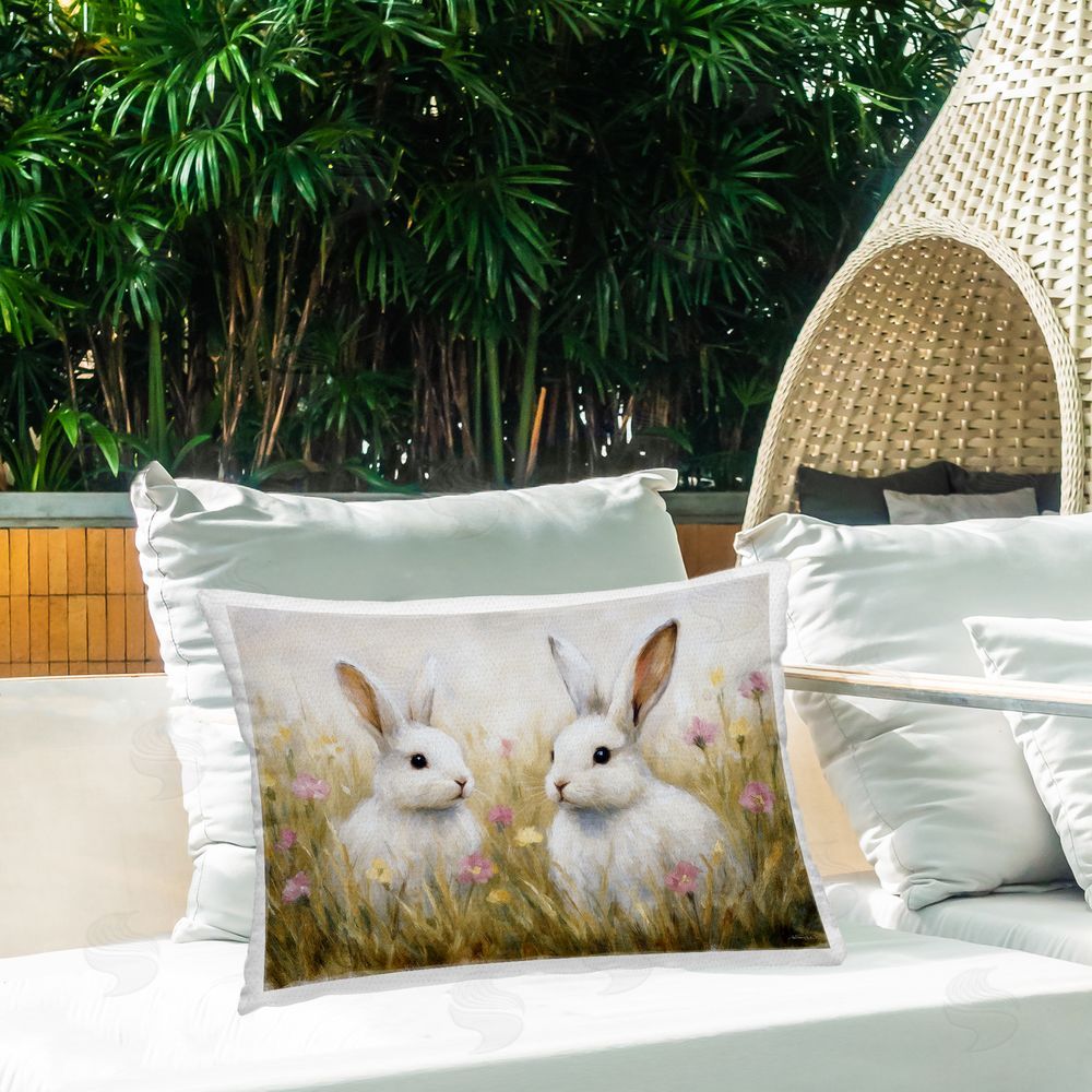 Antony Smith Bunny Pair & Speckled Blooms Outdoor Quick-Dry Polyester Printed Lumbar Pillow on Patio