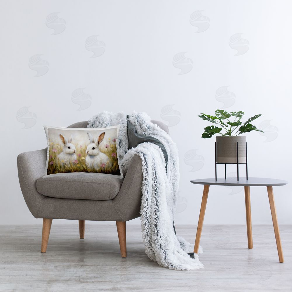 Antony Smith Bunny Pair & Speckled Blooms Plush Polyester Printed Lumbar Pillow on Chair