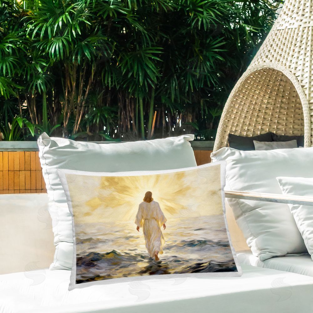 Kim Allen Golden Walk Spiritual Figure Outdoor Printed Lumbar Throw Pillow on Seat