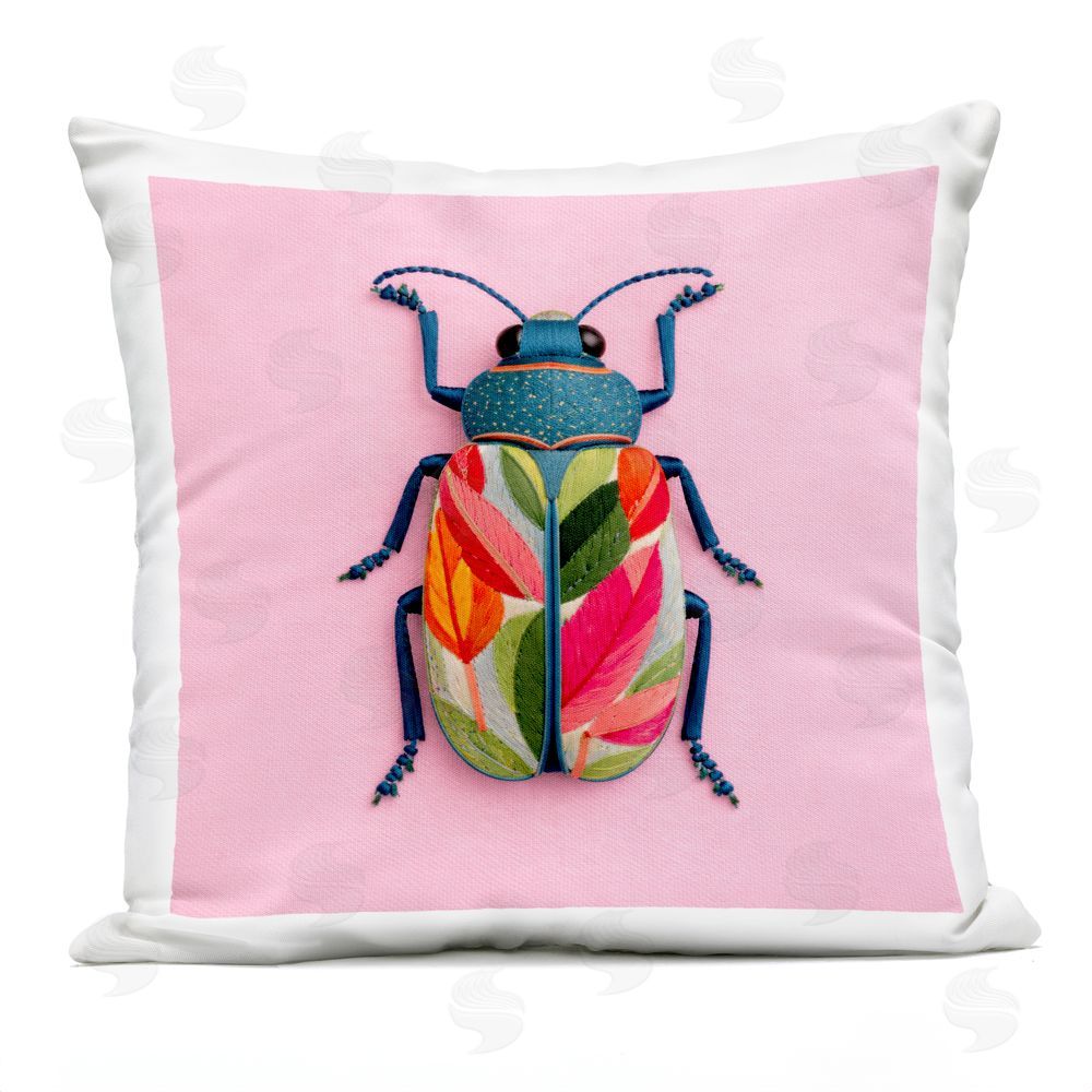 A Barefoot Stylist Faux Embroidered Beetle on Pink Outdoor Quick-Dry Polyester Square Throw Pillow