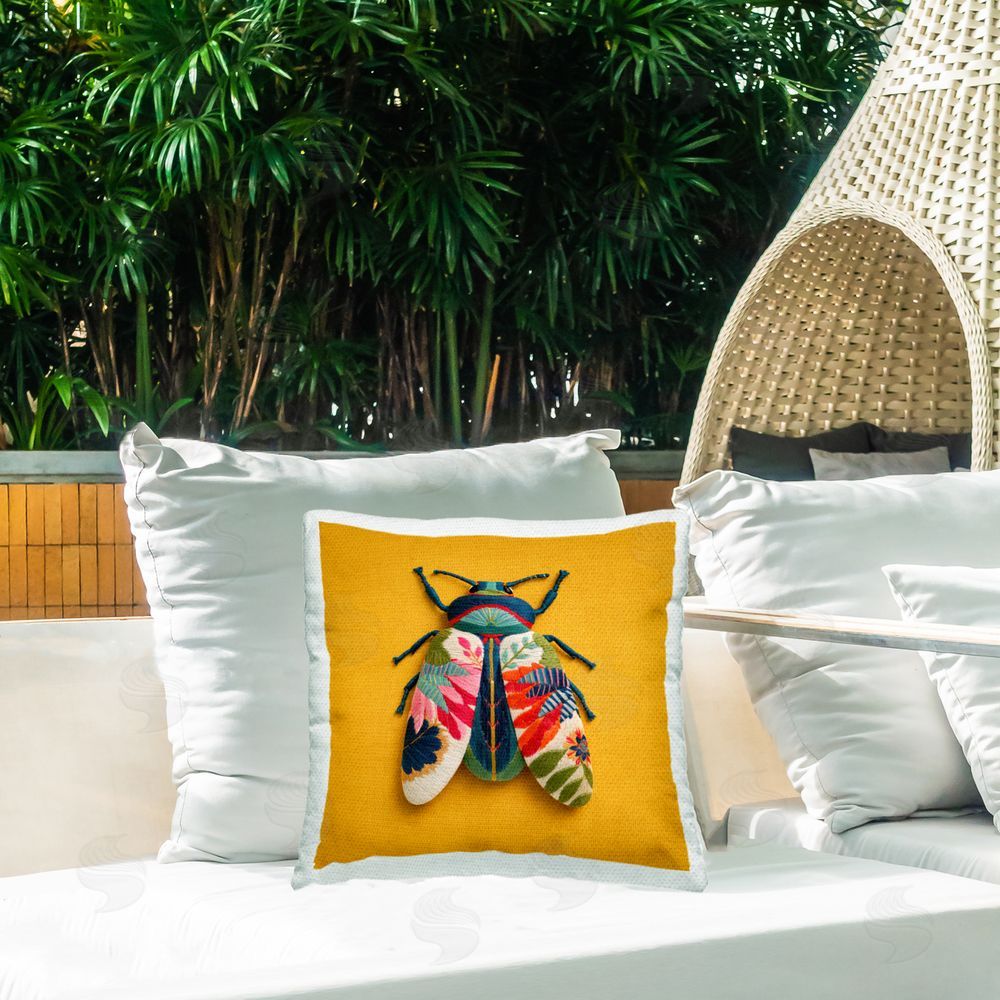 A Barefoot Stylist Flower Stitched Beetle Wings Outdoor Quick-Dry Polyester Printed Square Pillow on Patio
