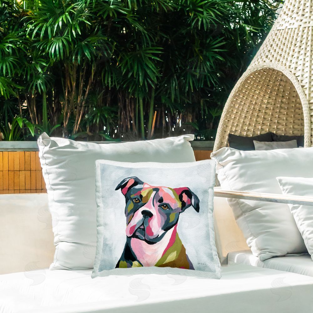 Yvette St. Amant Abstract Pitbull Portrait Outdoor Quick-Dry Polyester Printed Square Pillow on Patio
