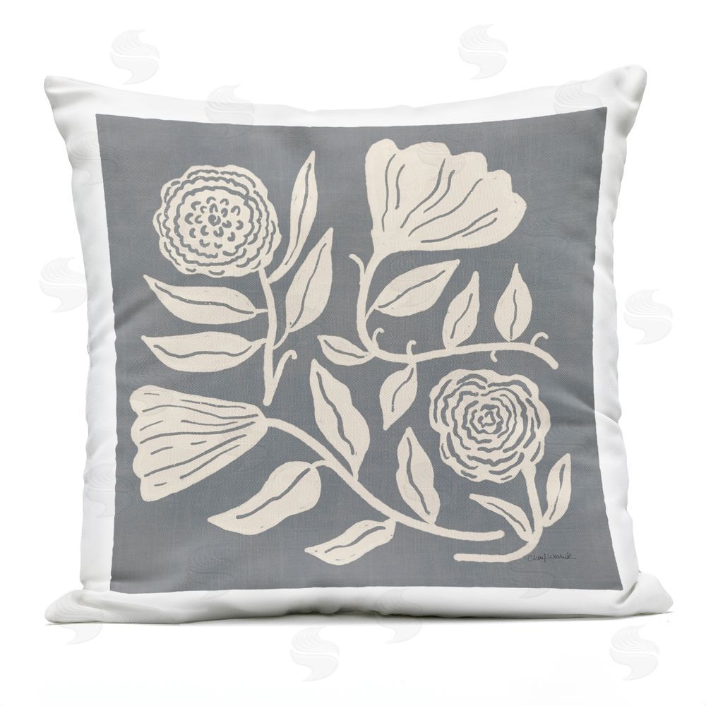 Cheryl Warrick Grey & Cream Leafy Blooms Outdoor Quick-Dry Polyester Square Throw Pillow