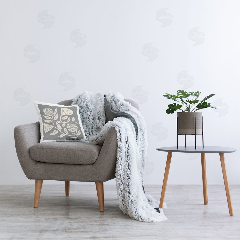 Cheryl Warrick Grey & Cream Leafy Blooms Plush Polyester Printed Square Pillow on Chair