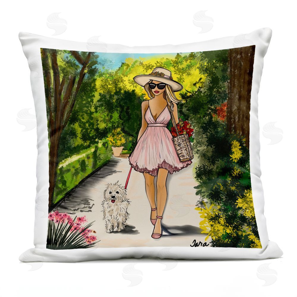 Tara Boone Garden Girl Strolling with Pup Outdoor Square Printed Throw Pillow