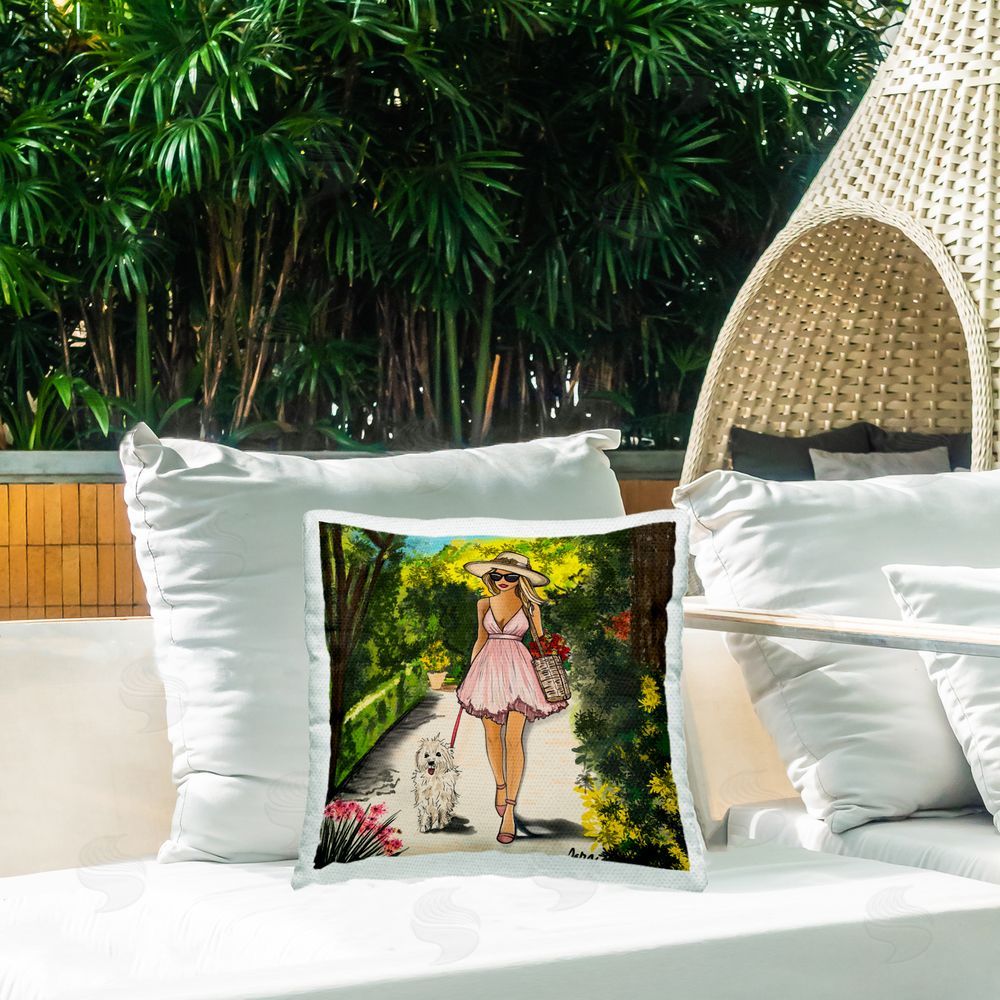 Tara Boone Garden Girl Strolling with Pup Outdoor Square Printed Throw Pillow on Seat