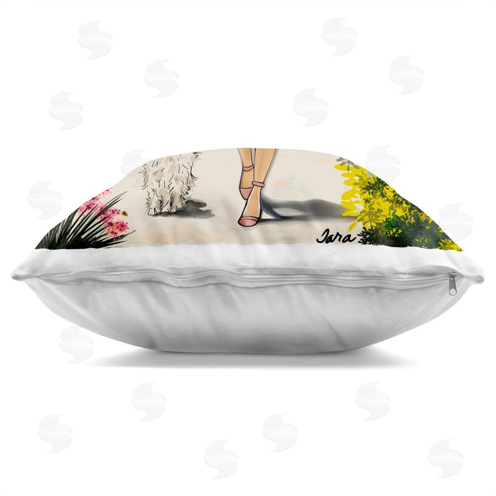 Tara Boone Garden Girl Strolling with Pup Square Printed Throw Pillow Side View with Zipper Detail