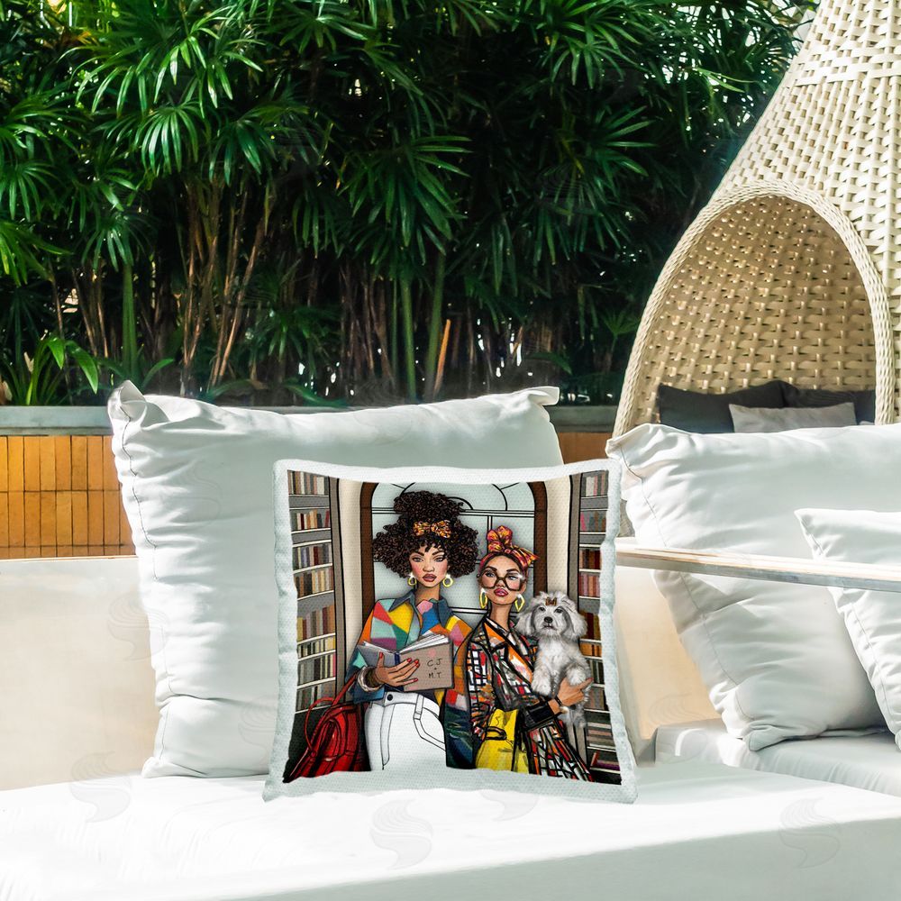 Tara Boone Bookish Girls at Library Outdoor Square Printed Throw Pillow on Seat