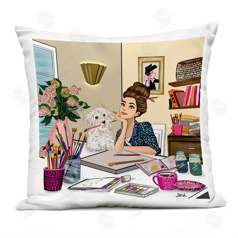 Tara Boone Creative Art Girl at Desk Outdoor Square Printed Throw Pillow