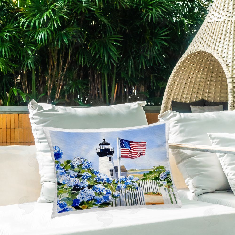 Sisi and Seb Lighthouse & Swaying American Flag Outdoor Quick-Dry Polyester Printed Lumbar Pillow on Patio