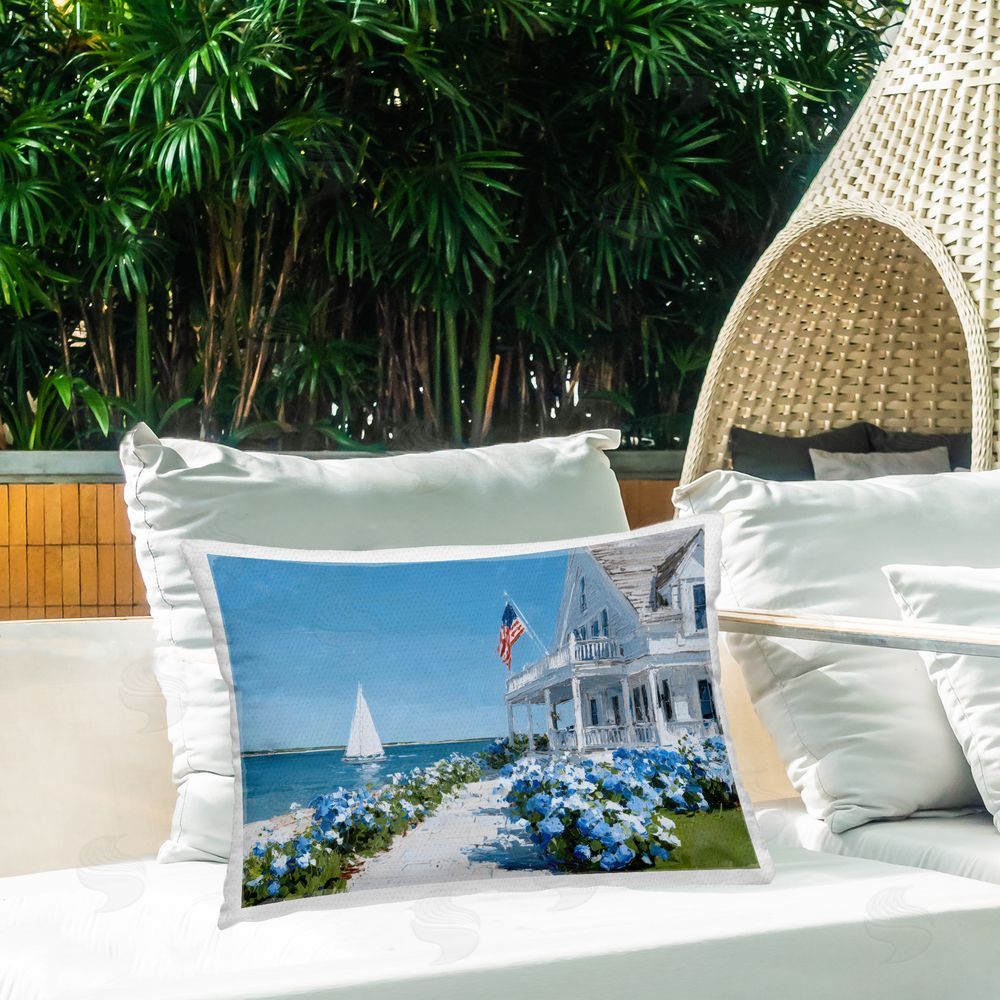 Petals Prints Design Coastal Cottage Hydrangeas by Sea Outdoor Quick-Dry Polyester Printed Lumbar Pillow on Patio