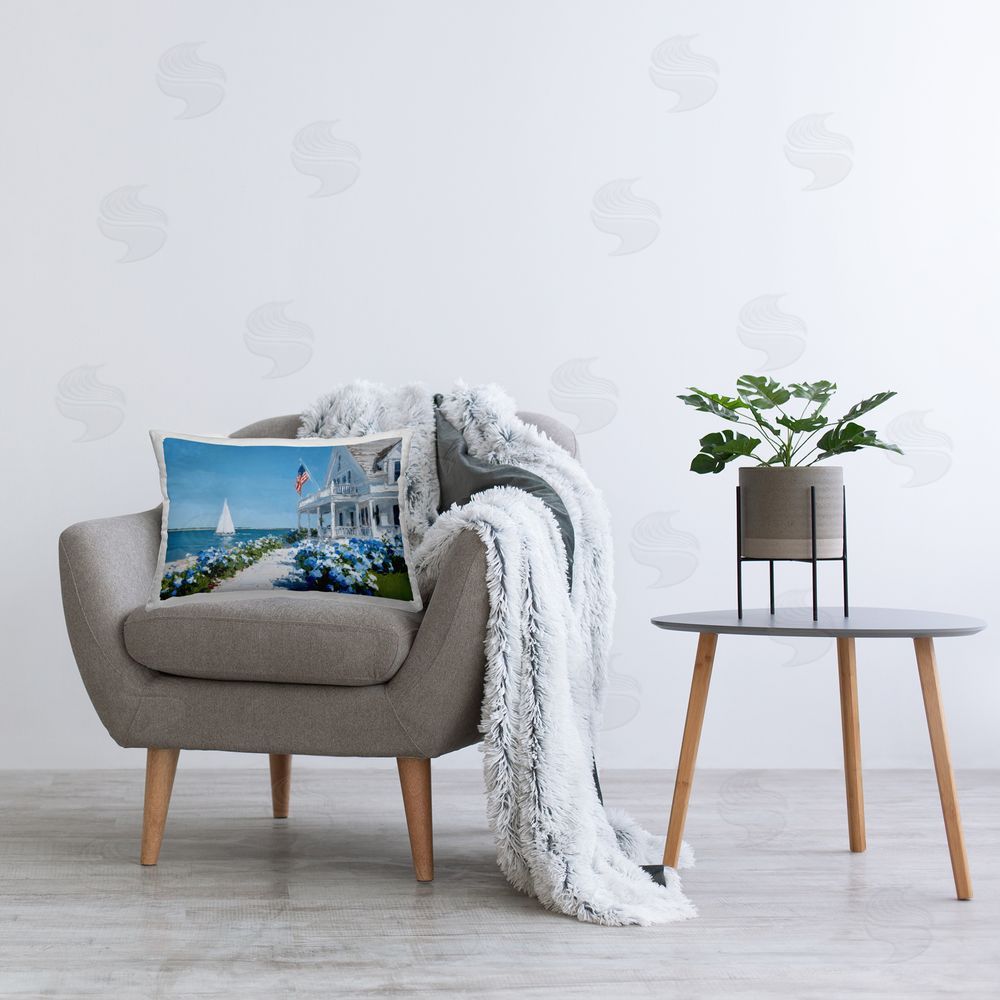 Petals Prints Design Coastal Cottage Hydrangeas by Sea Plush Polyester Printed Lumbar Pillow on Chair