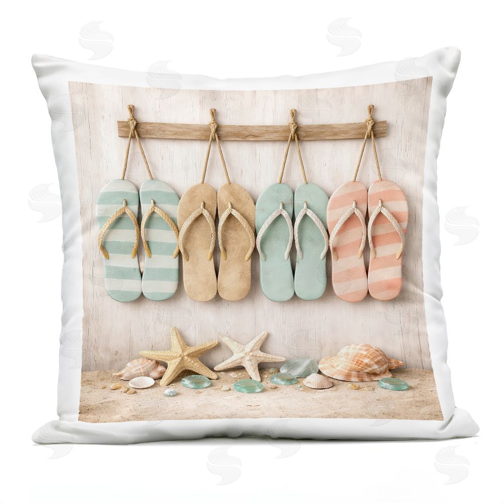 Tom Crehan Beach Flip Flops & Seashells Outdoor Quick-Dry Polyester Square Throw Pillow