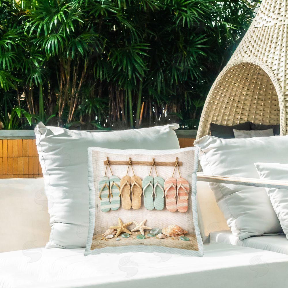 Tom Crehan Beach Flip Flops & Seashells Outdoor Quick-Dry Polyester Printed Square Pillow on Patio