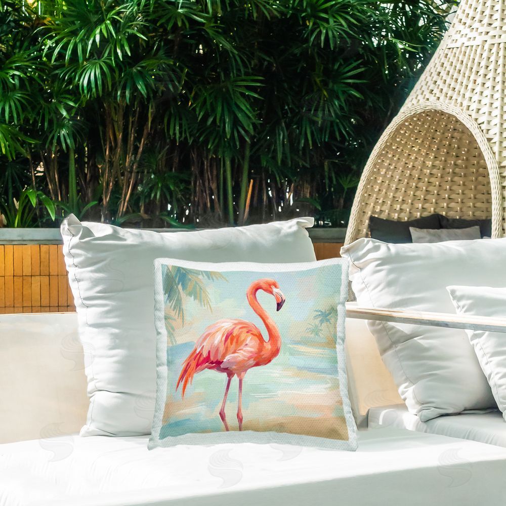 Imagine It Images Flamingo Near the Tropical Shore Outdoor Quick-Dry Polyester Printed Square Pillow on Patio