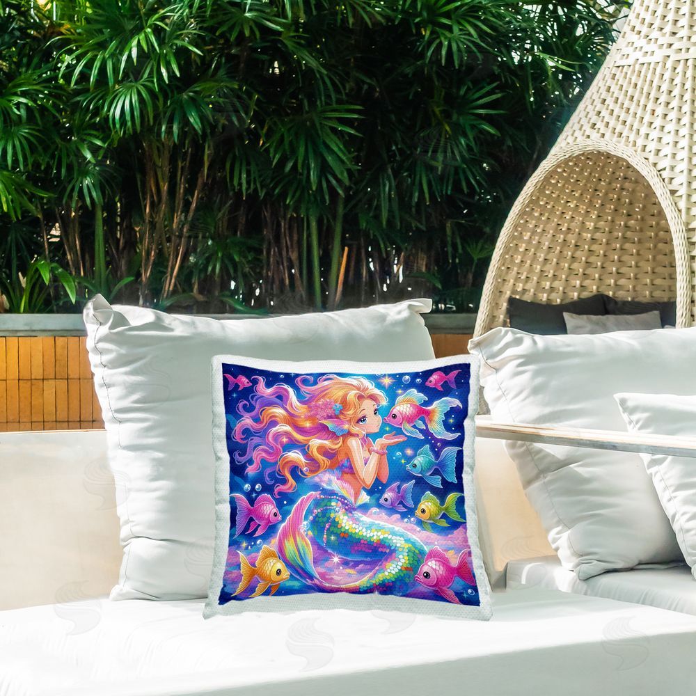 Coco Marshmallow Ocean Besties Mermaid & Fish Outdoor Quick-Dry Polyester Printed Square Pillow on Patio
