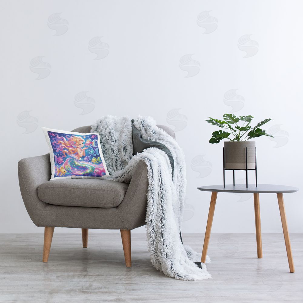 Coco Marshmallow Ocean Besties Mermaid & Fish Plush Polyester Printed Square Pillow on Chair