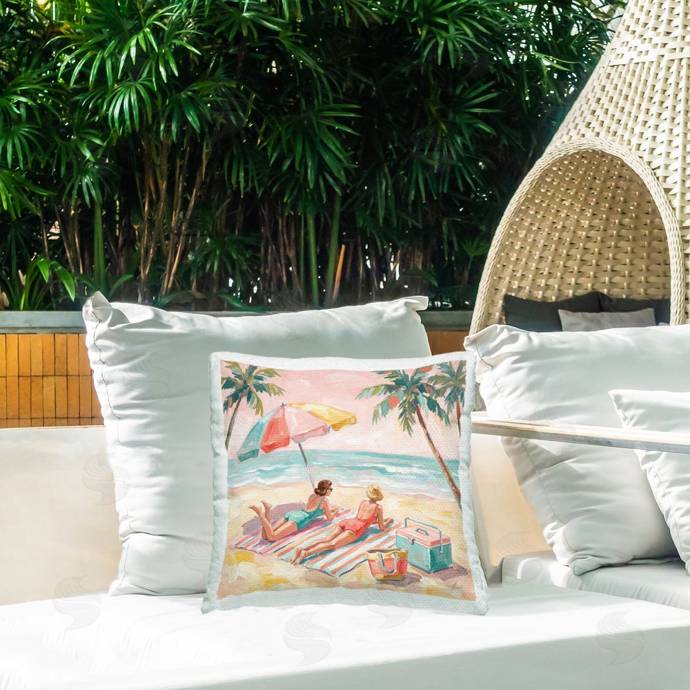 Imagine It Images Friends Sunbathing by Shore Outdoor Quick-Dry Polyester Printed Square Pillow on Patio