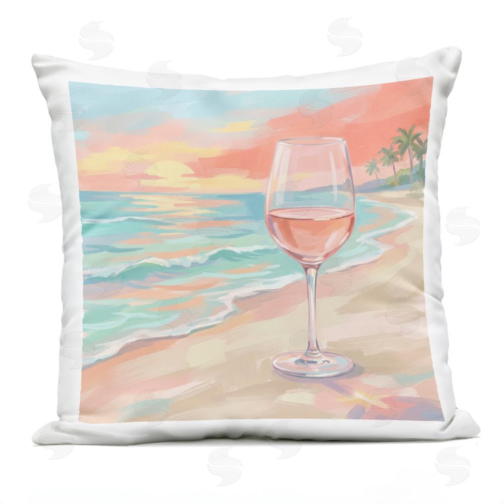 Imagine It Images Wine Glass on Beach Shore Outdoor Quick-Dry Polyester Square Throw Pillow