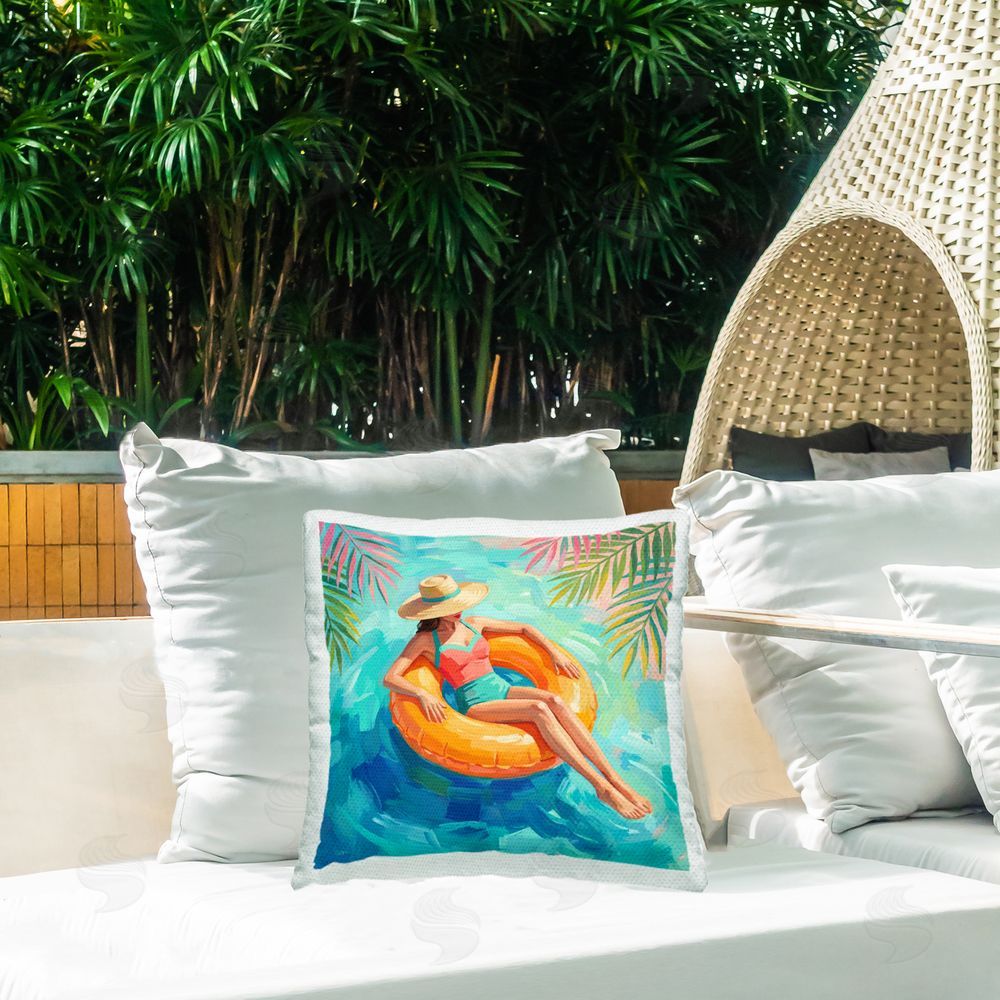 Imagine It Images Sunbathing in Tropical Pool Outdoor Quick-Dry Polyester Printed Square Pillow on Patio