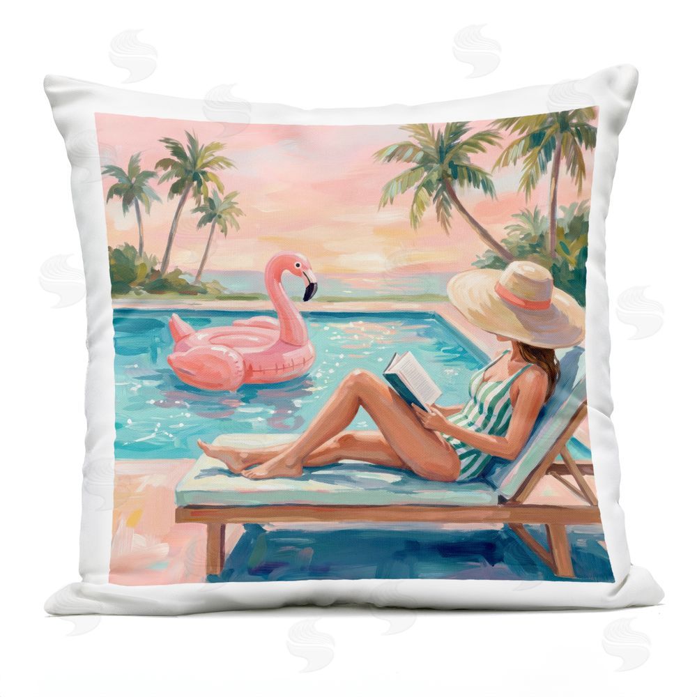 Imagine It Images Reading By The Pool Outdoor Quick-Dry Polyester Square Throw Pillow