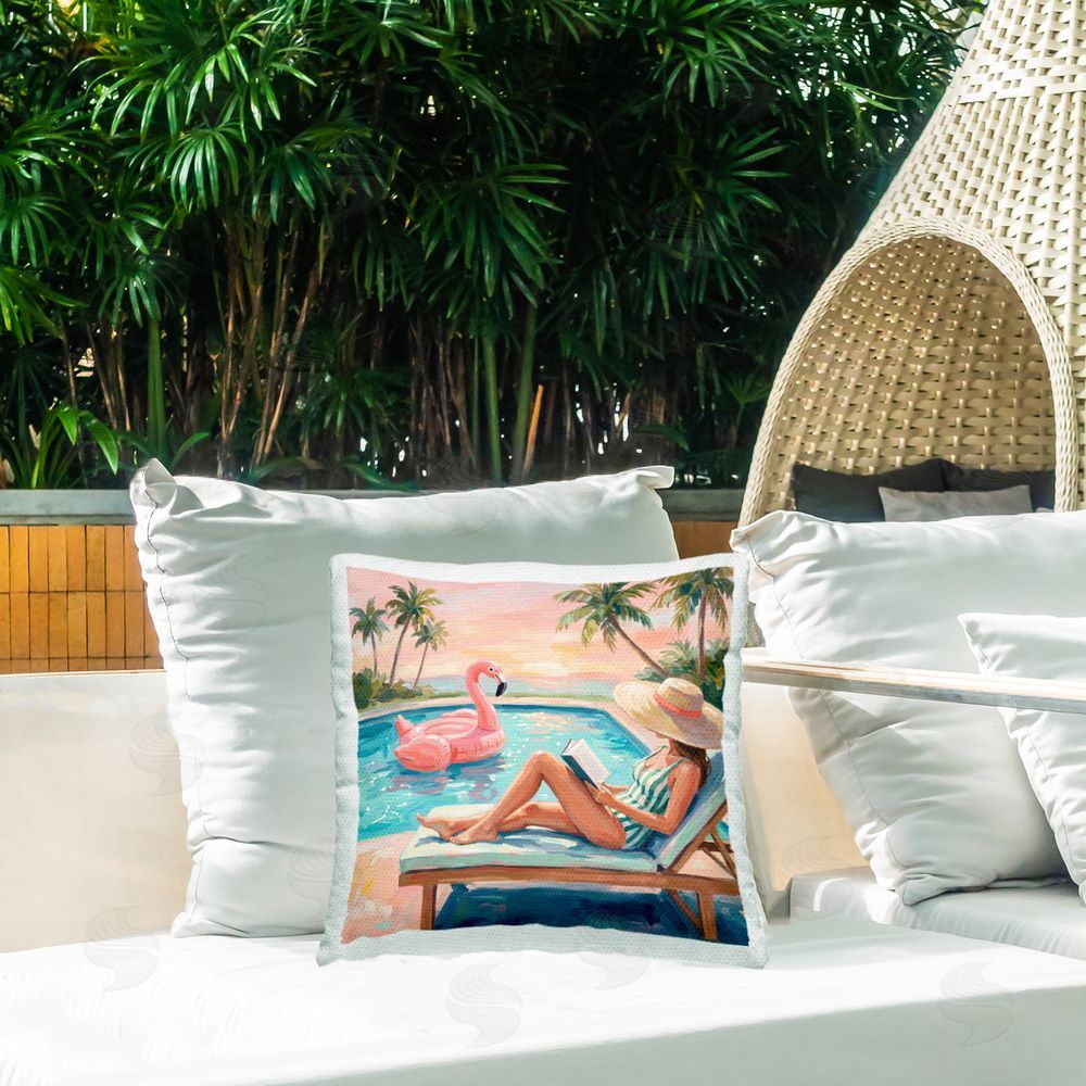 Imagine It Images Reading By The Pool Outdoor Quick-Dry Polyester Printed Square Pillow on Patio