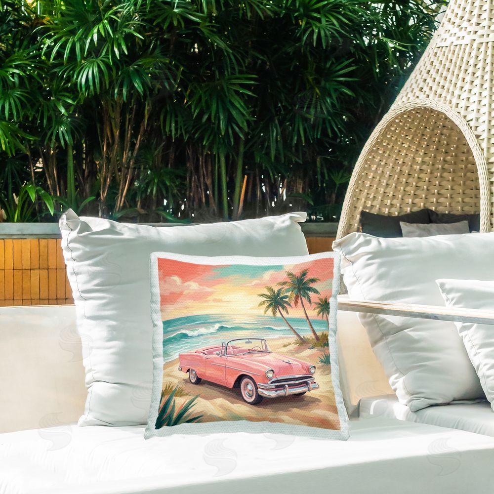 Imagine It Images Vintage Car Parked on Shoreline Outdoor Quick-Dry Polyester Printed Square Pillow on Patio