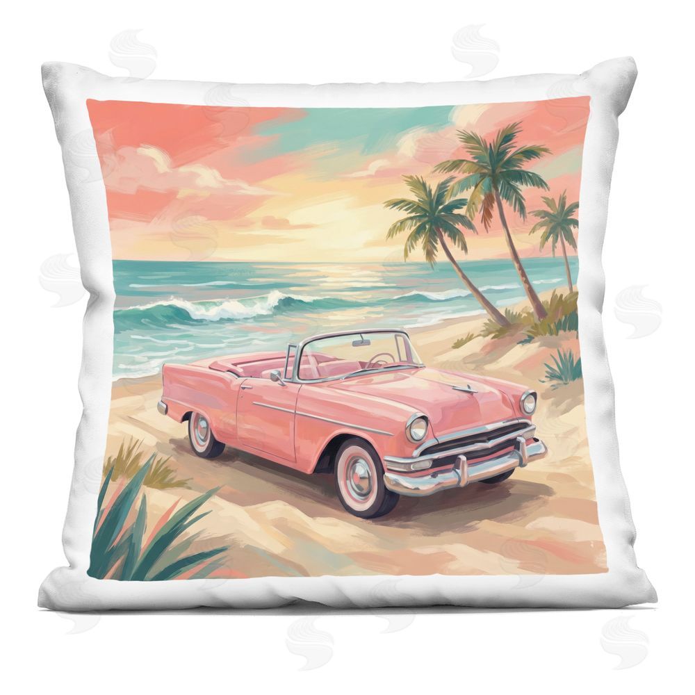 Imagine It Images Vintage Car Parked on Shoreline Indoor Plush Polyester Square Throw Pillow