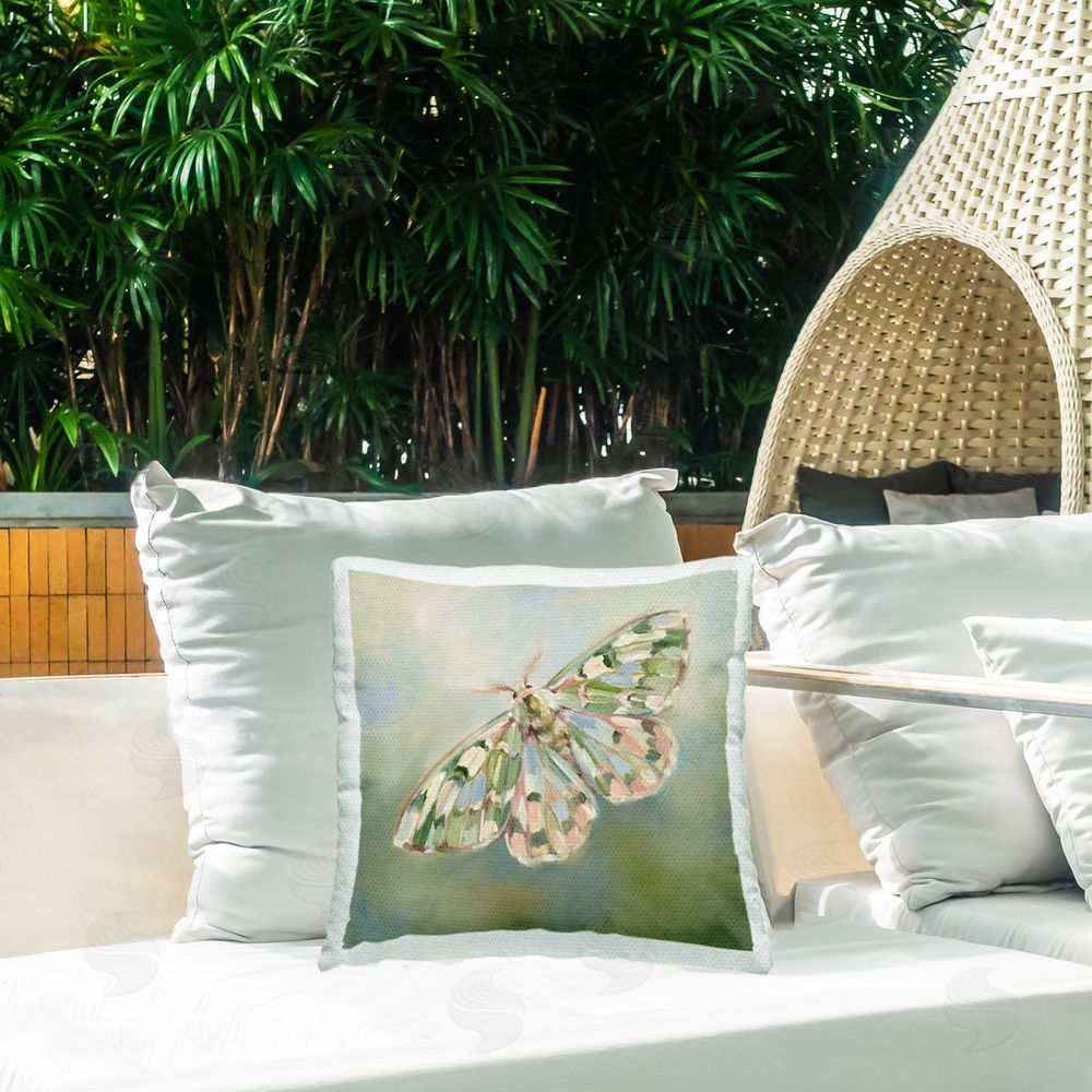 Imagine It Images Muted Green Moth In Flight Outdoor Quick-Dry Polyester Printed Square Pillow on Patio